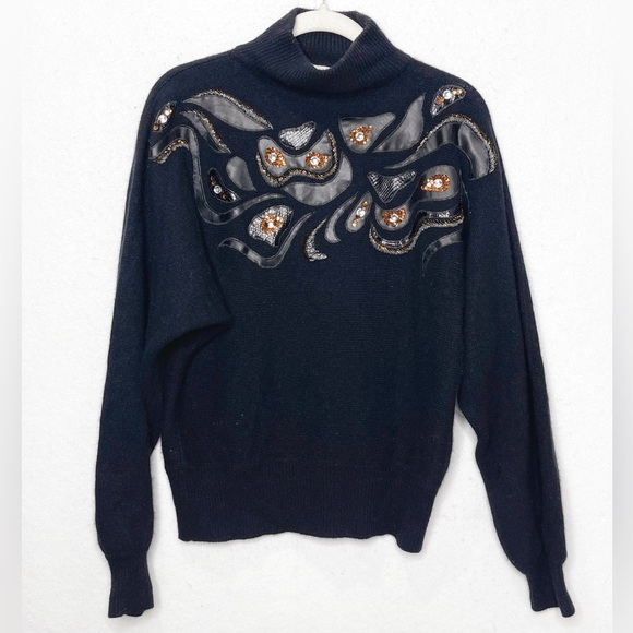 Vintage Nilani Black Lambswool Angora Blend Sweater Embellished 80s Beaded - Picture 1 of 7